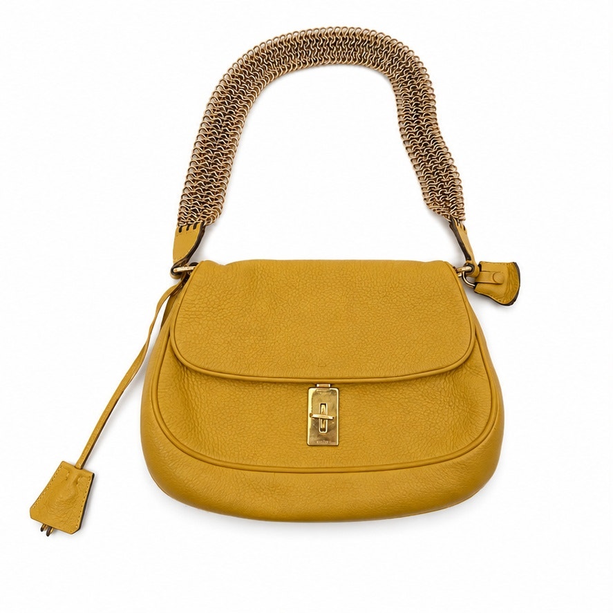 Prada Vintage Ginestra Yellow Vitello Leather Chain Bag Turn-Lock Archive Find